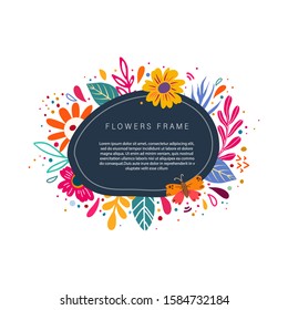 Floral text circle frame hand drawn color template with flowers, leaves and branch. Flowers, blossom cartoon illustration with copyspace. Invitation, greeting card design element.