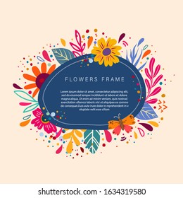 Floral text circle frame hand drawn color template with flowers, leaves and branch. Flowers, blossom cartoon illustration with copyspace. Invitation, greeting card design element.