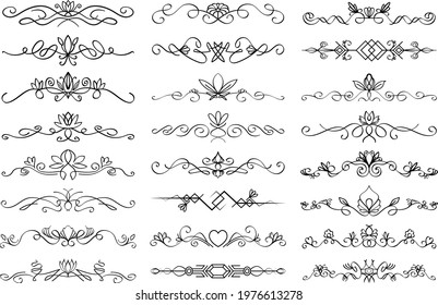 Floral text divider set. Colection of text dividing flourish linear ornaments, with floral elements. Vector paragraph dividers in black color isolated on white background.