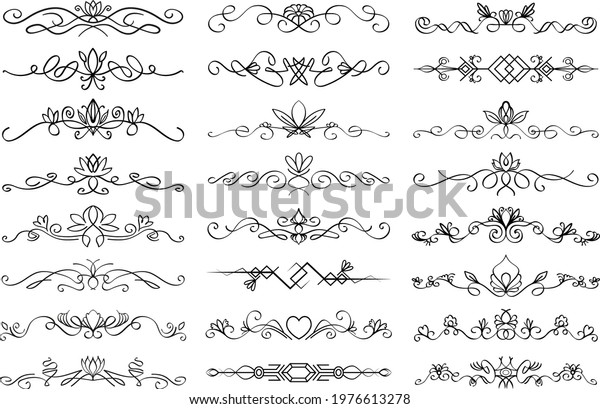 Floral text divider
set. Colection of text dividing flourish linear ornaments, with
floral elements. Vector paragraph dividers in black color isolated
on white background.