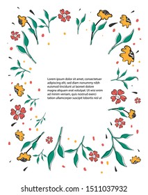 Floral text frame .Border with flat hand drawn leaves and flowers illustrations.