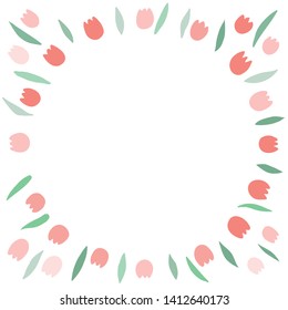 Floral text frame, hand drawn, flat layout. Decorative round border with vector blossom. Flowers, tulips, leaves cartoon illustration. Greeting card, invitation design element