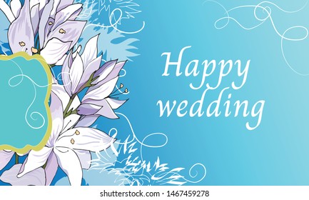 Floral text frame of light lilies for congratulations and invitations. Elegant wedding invitation on a blue background. Vector illustration