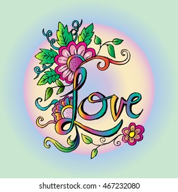 Floral with text 'love'. Sketchy style.