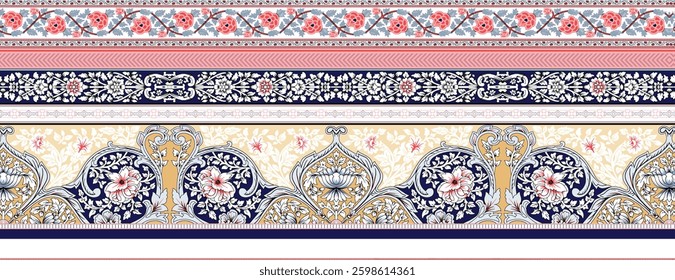 Floral textile border pattern, for textile, wallpaper, gift wrapping.