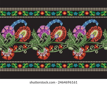 Floral Textile border seamless pattern.Design with flower,leaf motif on black backgroud.Elegant style.Hand drawn.Design is perfect for adding to textile,embroidery,decorative and fashion industry.