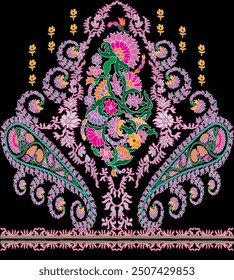 Floral Textile border seamless pattern.Traditional Kashmiri Shawl design.Design with flower,leaf on black backgroud.Classic style.Design for adding to textile,embroidery,decorative,fashion industry.