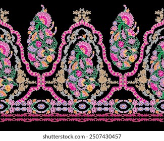 Blumen Textile Rand nahtloses Muster.Traditionelles Kashmiri Schal Design.Design mit Blume, Blatt auf schwarzem Hintergrund.Klassischer Stil.Design für das Hinzufügen zu Textil,Stickerei,Dekoration,Modebranche.