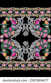 Patrón sin costuras de borde textil floral. Diseño tradicional de chal cachemir. Diseño con flor, hoja sobre fondo negro. Estilo clásico. Diseño para agregar a la industria textil, bordado, decorativa y de moda.