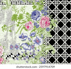 Floral textile design featuring roses, peonies, and other flowers against geometric backgrounds, for textile, wallpaper, gift wrapping.