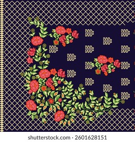 Floral textile design with geometric background, for textile, wallpaper, gift wrapping.