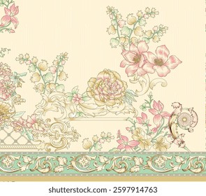Floral textile design with ornate border, for textile, wallpaper, gift wrapping.