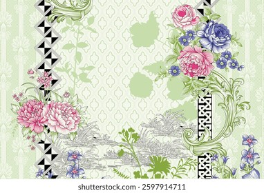 Floral textile design with roses and geometric accents, for textile, wallpaper, gift wrapping.
