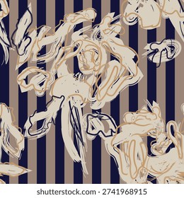 Floral Textile Design Seamless Pattern For Fashion Computer Graphics And Printed Goods In Navy Beige.
