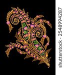 Floral Textile element for seamless pattern.Traditional Kashmiri Shawl.Design with flower,leaf on black backgroud.Classic style.Design for adding to textile,embroidery,decorative,fashion industry.