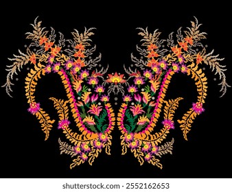 Elemento textil floral para el patrón sin fisuras. Chal tradicional de Cachemira. Diseño con flor, hoja sobre fondo negro. Estilo clásico. Diseño para agregar a la industria textil, bordado, decorativa y de moda.