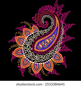 Floral Textile element for seamless pattern.Traditional Kashmiri Shawl.Design with flower,leaf on black backgroud.Classic style.Design for adding to textile,embroidery,decorative,fashion industry.