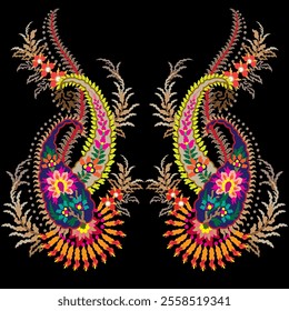 Floral Textile element for seamless pattern.Traditional Kashmiri Shawl.Design with flower,leaf on black backgroud.Classic style.Design for adding to textile,embroidery,decorative,fashion industry.