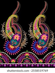 Floral Textile element for seamless pattern.Traditional Kashmiri Shawl.Design with flower,leaf on black backgroud.Classic style.Design for adding to textile,embroidery,decorative,fashion industry.