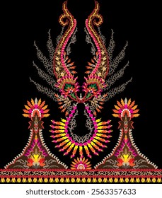 Floral Textile element for seamless pattern.Traditional Kashmiri Shawl .Design with flower,leaf on black background.Classic style.Design for adding to textile,embroidery,decorative,fashion industry.