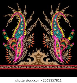 Floral Textile element for seamless pattern.Traditional Kashmiri Shawl .Design with flower,leaf on black background.Classic style.Design for adding to textile,embroidery,decorative,fashion industry.