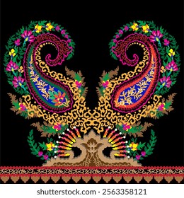 Floral Textile element for seamless pattern.Traditional Kashmiri Shawl .Design with flower,leaf on black background.Classic style.Design for adding to textile,embroidery,decorative,fashion industry.