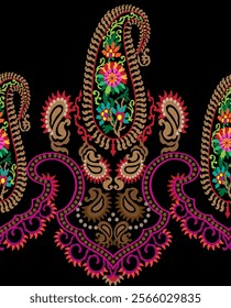 Floral Textile element for seamless pattern.Traditional Kashmiri Shawl .Design with flower,leaf on black background.Classic style.Design for adding to textile,embroidery,decorative,fashion industry.