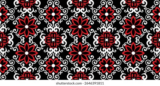 Floral Textile illustration red color, floral vector illustration, retro style pattern for clothes, carpet, tiles, wall decoration. abstract background damask pattern.