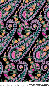 Floral Textile paisley seamless pattern.Traditional Kashmiri Shawl design.Design with flower,leaf on black backgroud.Classic style.Design for adding to textile,embroidery,decorative,fashion industry.