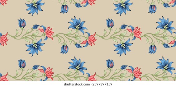 Floral textile pattern with blue and red flowers on a beige background, for textile, wallpaper, gift wrapping.