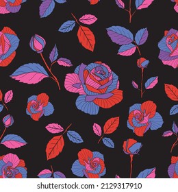 The floral textile pattern design. Great for retro fabric, wallpaper, scrapbooking projects. Red, pink, blue, purple color rose and black background. 
