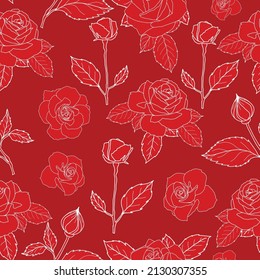 El diseño de patrones de tejido floral. Ideal para los proyectos de tela retro, papel pintado, scrapbooking. Rojo rosa y líneas de luz con fondo rojo. 
