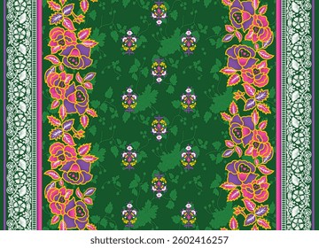 Floral textile pattern with a green background and borders featuring pink and purple flowers, for textile, wallpaper, gift wrapping.