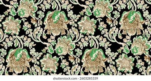Floral textile pattern with green and beige flowers on a black background, for textile, wallpaper, gift wrapping.