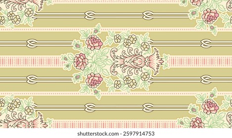 Floral textile pattern with pink roses and green foliage on a striped background, for textile, wallpaper, gift wrapping.