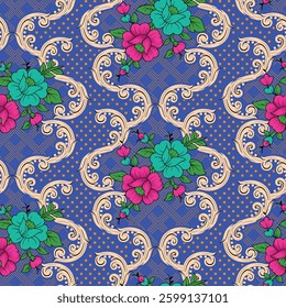 Floral textile pattern with pink and teal flowers on a blue background with ornate white and gold accents, for textile, wallpaper, gift wrapping.
