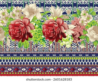 Floral textile pattern with roses and geometric borders, for textile, wallpaper, gift wrapping.