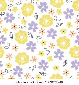 Floral textile pattern with yellow and purple flowers. Simple nature wallpaper design. Vector illustration.