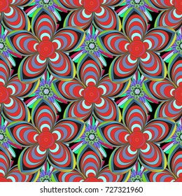 Floral textile print. Islamic vector oriental background with abstract flowers. Seamless pattern morrocan ornament. Red, blue and green stained glass vitrage.