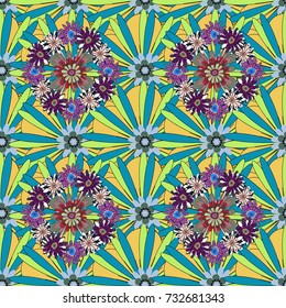 Floral textile print. Islamic vector oriental background with abstract flowers. Seamless pattern morrocan ornament. Yellow, blue and gray stained glass vitrage.