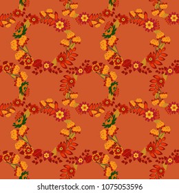 Floral textile print. Orange, yellow and red stained glass vitrage. Islamic vector oriental background with abstract flowers. Seamless pattern morrocan ornament.