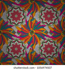 Floral textile print. Seamless pattern morrocan ornament. Yellow, green and red stained glass vitrage. Islamic vector oriental background with abstract flowers.