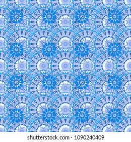 Floral textile print. Seamless pattern morrocan ornament. Gray, neutral and blue stained glass vitrage. Islamic vector oriental background with abstract flowers.
