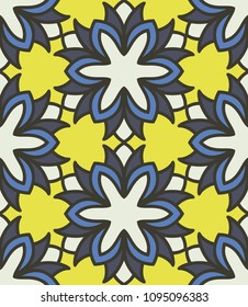 Floral textile print. Seamless pattern moroccan ornament. Islamic vector design. Oriental background with abstract flowers. Hexagonal trefoil swatch. Stained glass vitrage.