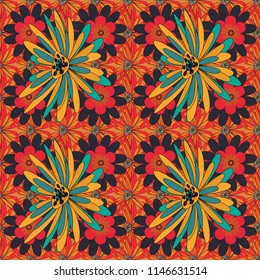Floral textile print. Yellow, orange and gray stained glass vitrage. Seamless pattern morrocan ornament. Islamic vector oriental background with abstract flowers.