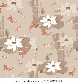Floral textile seamless pattern. Lotus, bamboo and tropical fish flowers in soft pastel colors. Vector illustration for fabric, home textile, bedding and tiles.