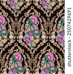 Floral Textile seamless pattern.Traditional Kashmiri Shawl design.Design with flower,leaf on black backgroud.Classic style.Design for adding to textile,embroidery,decorative and fashion industry.