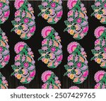 Floral Textile seamless pattern.Traditional Kashmiri Shawl design.Design with flower,leaf on black backgroud.Classic style.Design for adding to textile,embroidery,decorative and fashion industry.