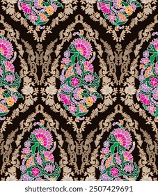 Floral Textile seamless pattern.Traditional Kashmiri Shawl design.Design with flower,leaf on black backgroud.Classic style.Design for adding to textile,embroidery,decorative and fashion industry.