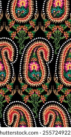 Floral Textile for seamless pattern.Traditional Kashmiri Shawl design.Design with flower,leaf on black backgroud.Classic style.Design for adding to textile,embroidery,decorative,fashion industry.